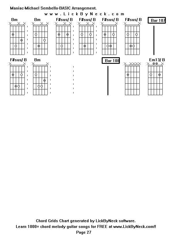 Chord Grids Chart of chord melody fingerstyle guitar song-Maniac-Michael Sembello-BASIC Arrangement,generated by LickByNeck software.